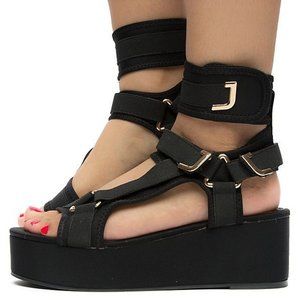 Mia Black 2" Platform Hook & Loop Ankle Harness Strap Sandals COMFY New
